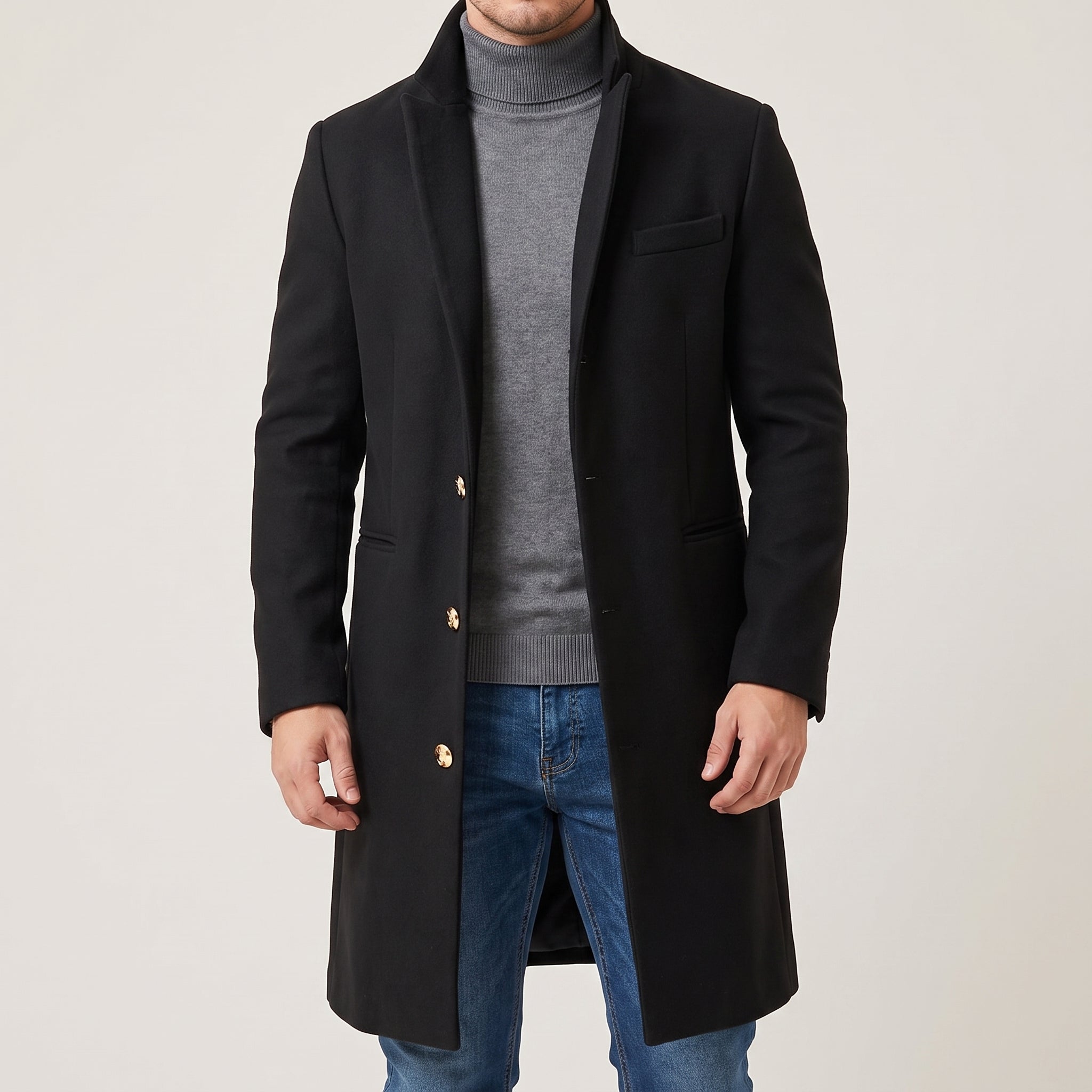 Trench Coat Men Long Single-Breasted Three Buttons - Black