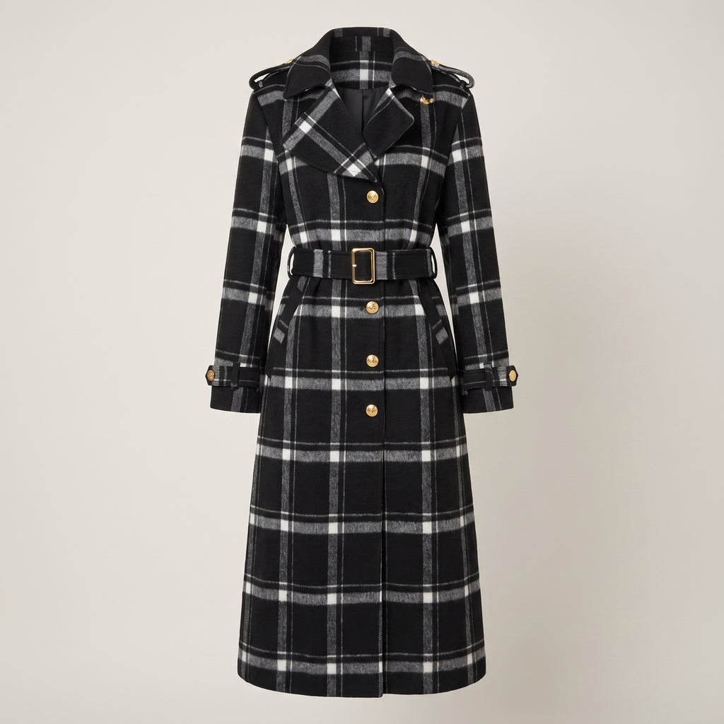 Trench Coat Black Plaid Pattern With Belt - Black