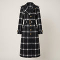 Trench Coat Black Plaid Pattern With Belt - Black