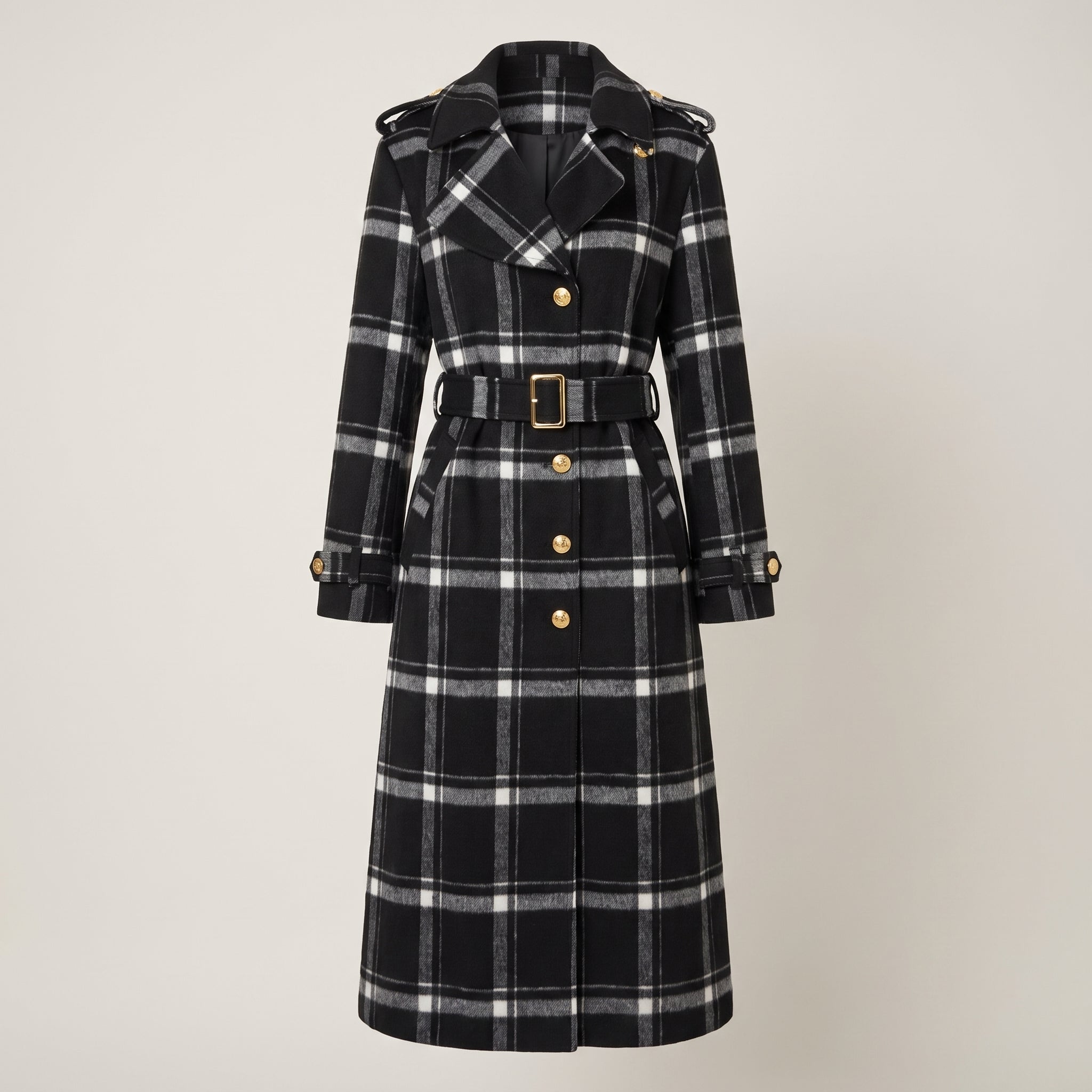 Trench Coat Black Plaid Pattern With Belt - Black