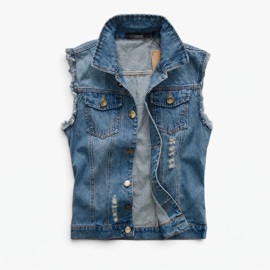 Denim Vest Tailored Fit Button Closure Distressed Details - Blue