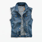 Denim Vest Tailored Fit Button Closure Distressed Details - Blue