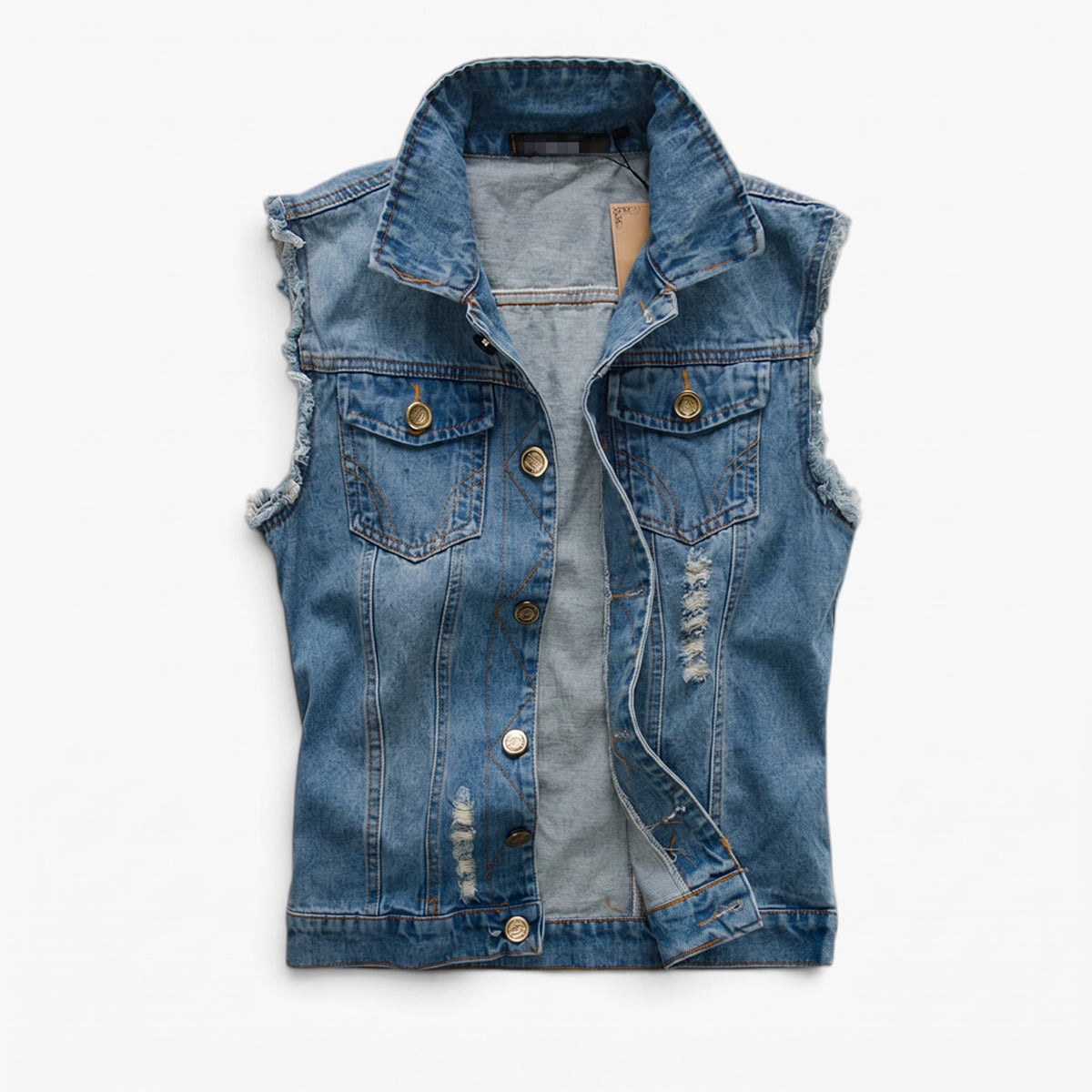 Denim Vest Tailored Fit Button Closure Distressed Details - Blue