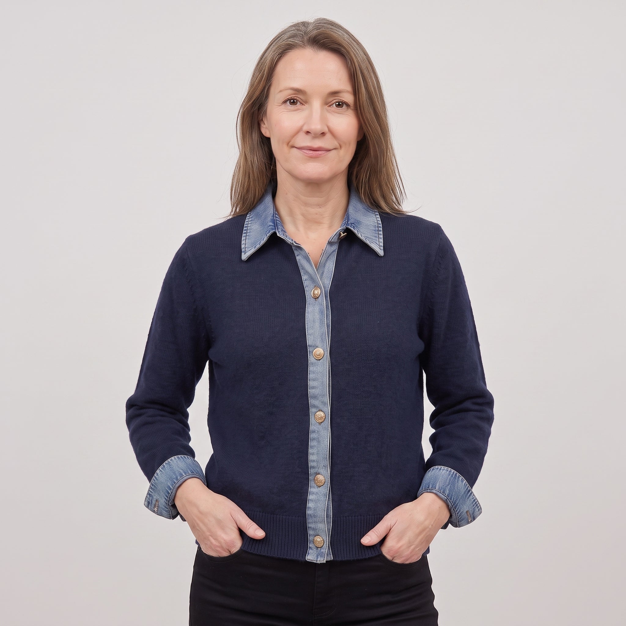 Women's Cardigan Button Up Front Long-Sleeve With Collar - Blue