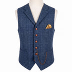 Tweed Vest Slim Fit Button-Up Pocket Waistcoat Casual - Blue