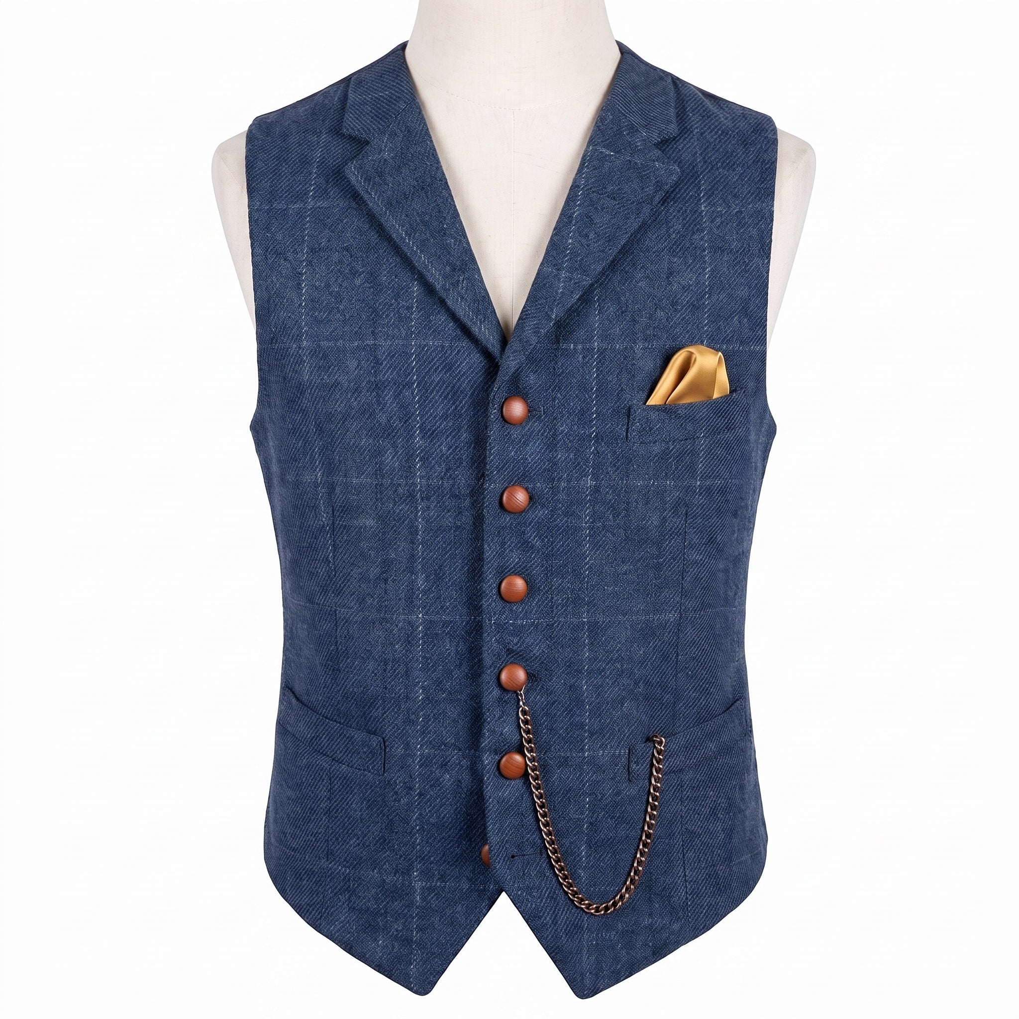 Tweed Vest Slim Fit Button-Up Pocket Waistcoat Casual - Blue
