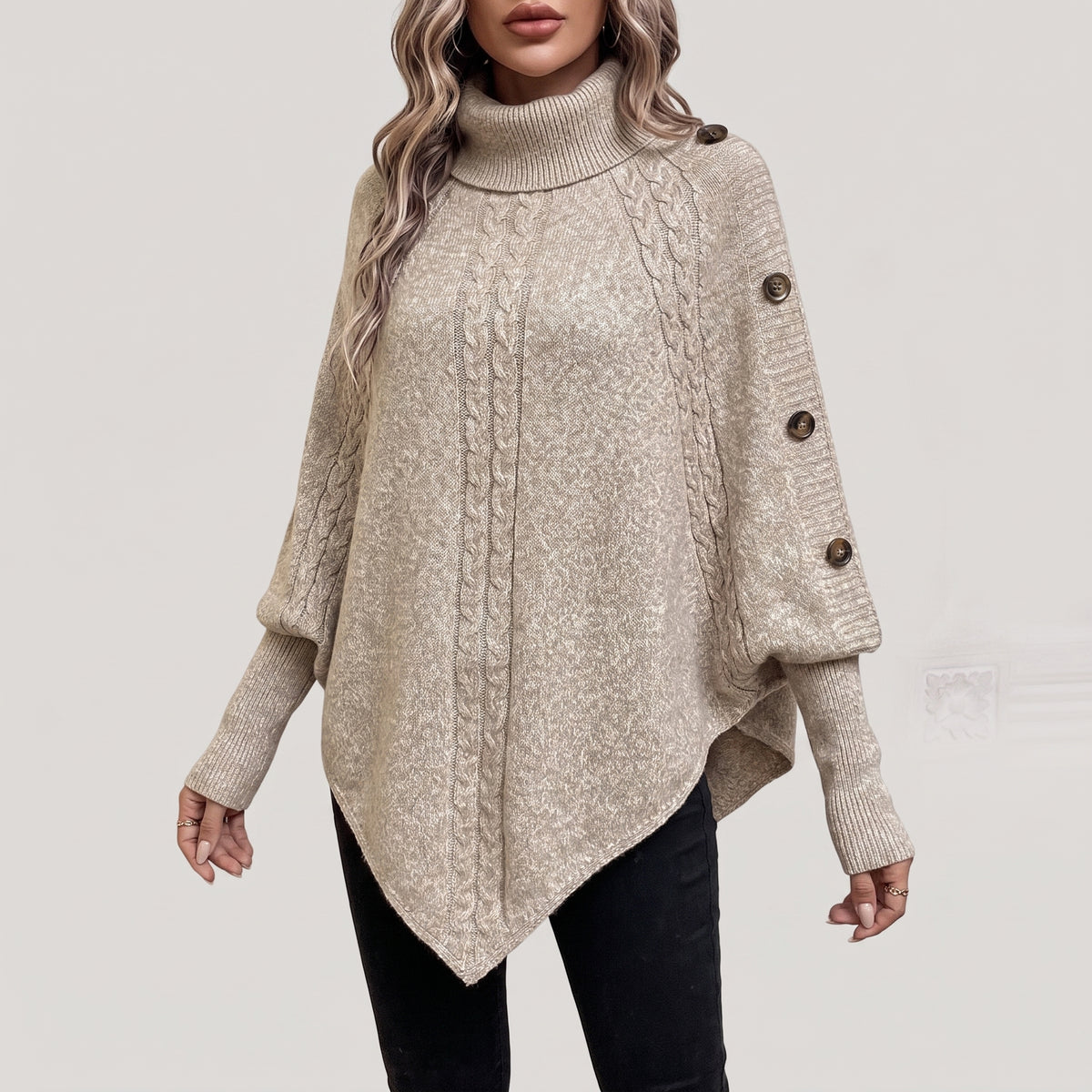 Cable Knit Poncho Sweater with Relaxed Oversized and Button-Accented Turtleneck - Blue