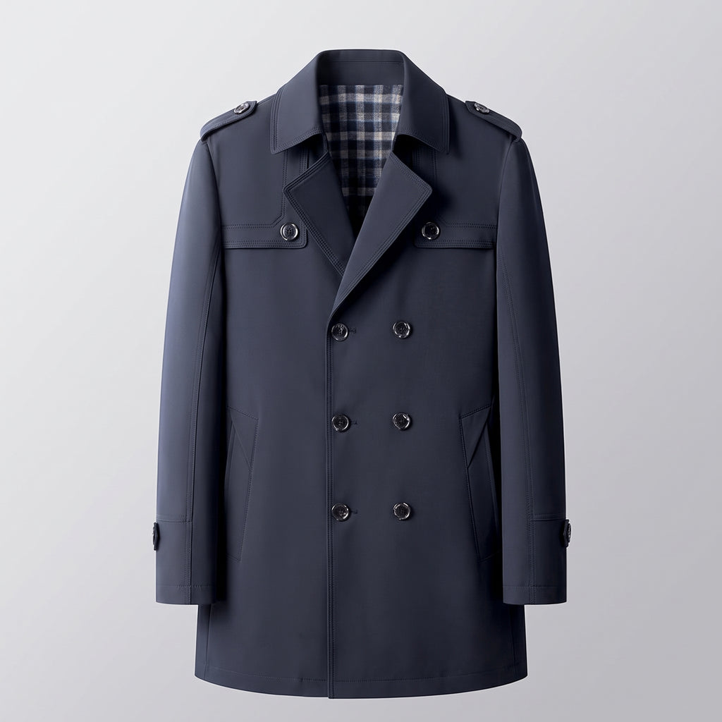 Trench Coat Men Double-Breasted Notched Lapel - Blue