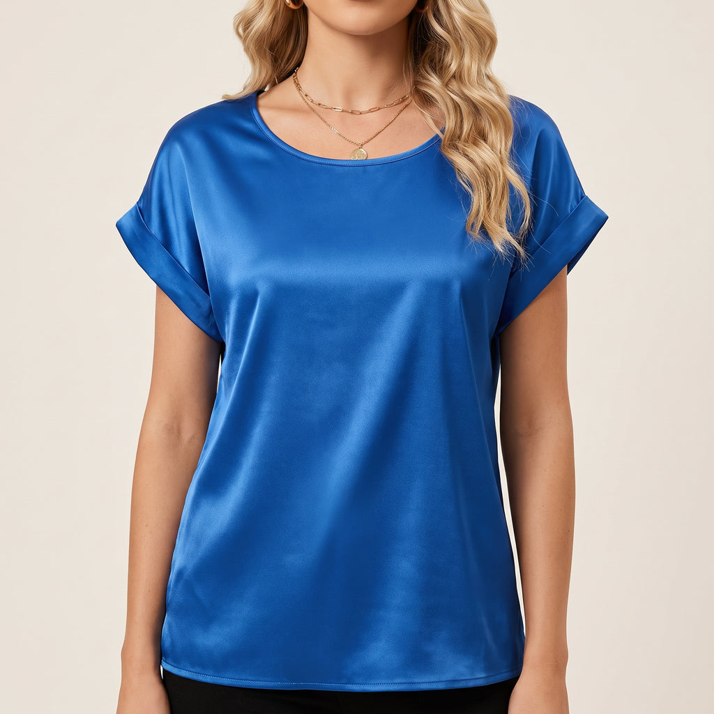 Satin Blouse with Relaxed Fit and Short Sleeves - Blue