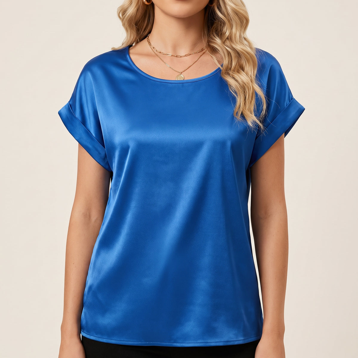 Satin Blouse with Relaxed Fit and Short Sleeves - Blue