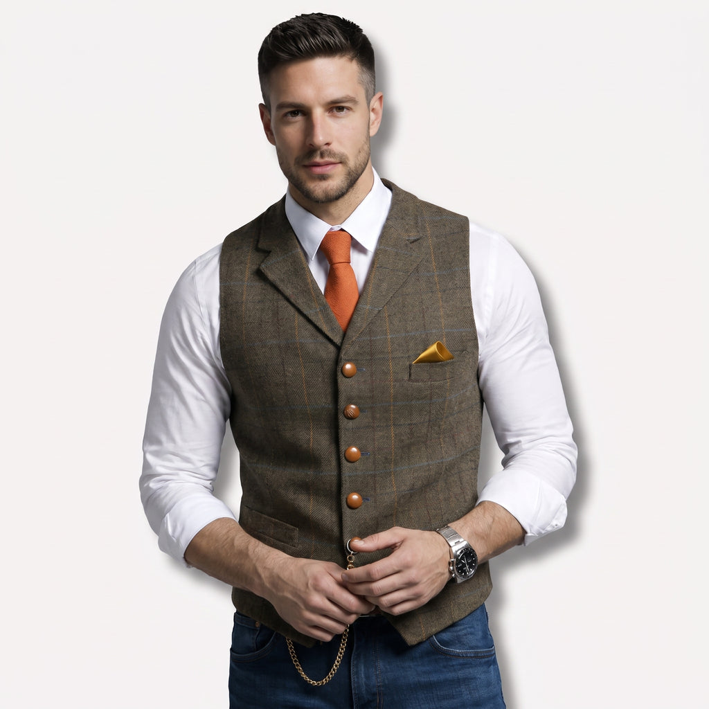 Men's Formal Vest Tailored Fit Plaid Suit V-Neck Waistcoat - Blue