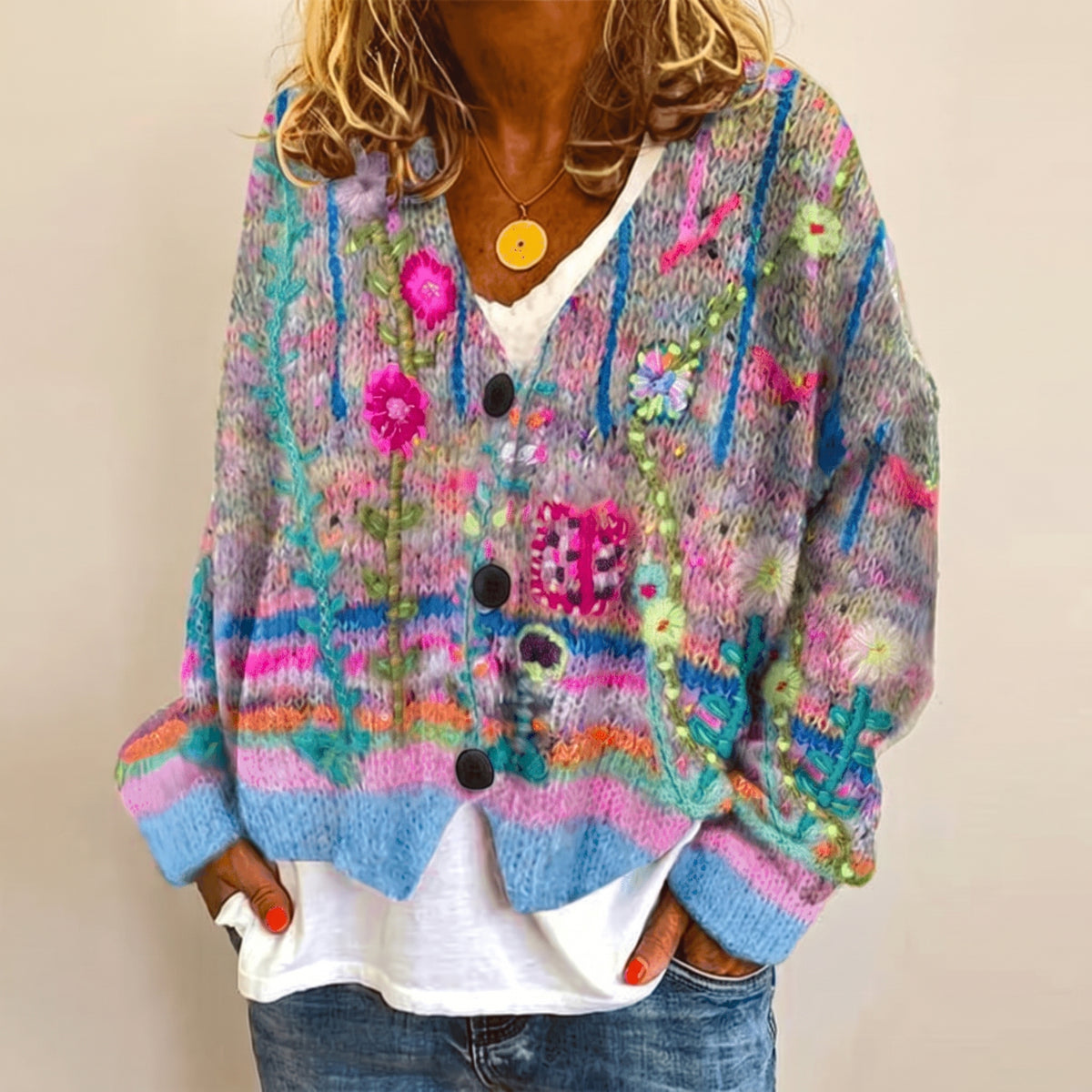 Women's Knit Cardigan V-Neck Button-Down Multicolor Floral Embroidered - Blue