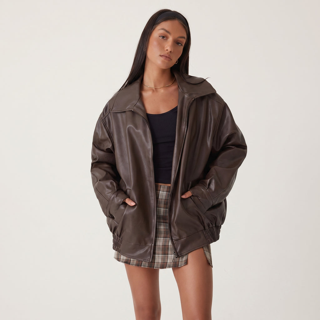 Jacket with Relaxed Oversized Fit and Collared Neckline - Brown