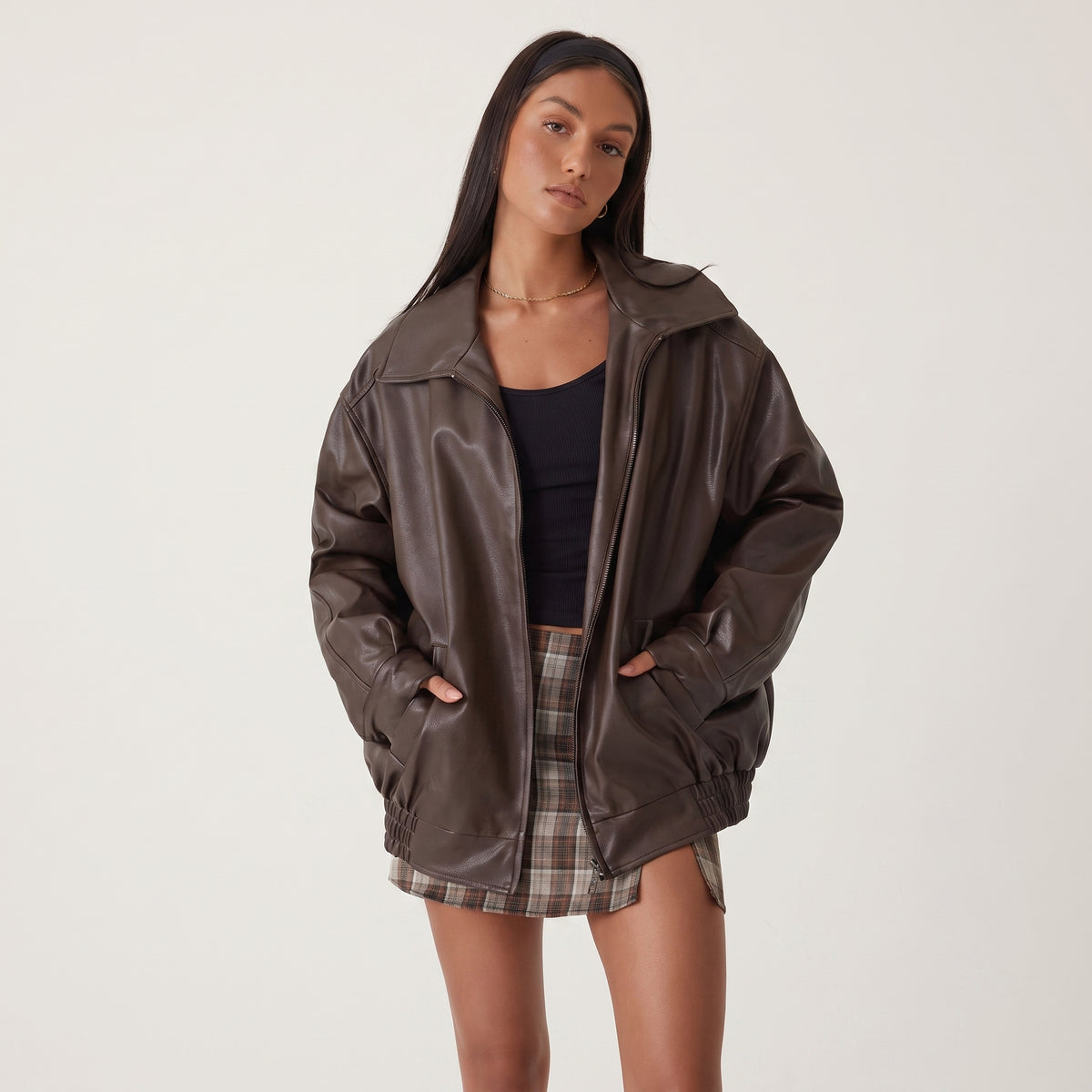 Jacket with Relaxed Oversized Fit and Collared Neckline - Brown