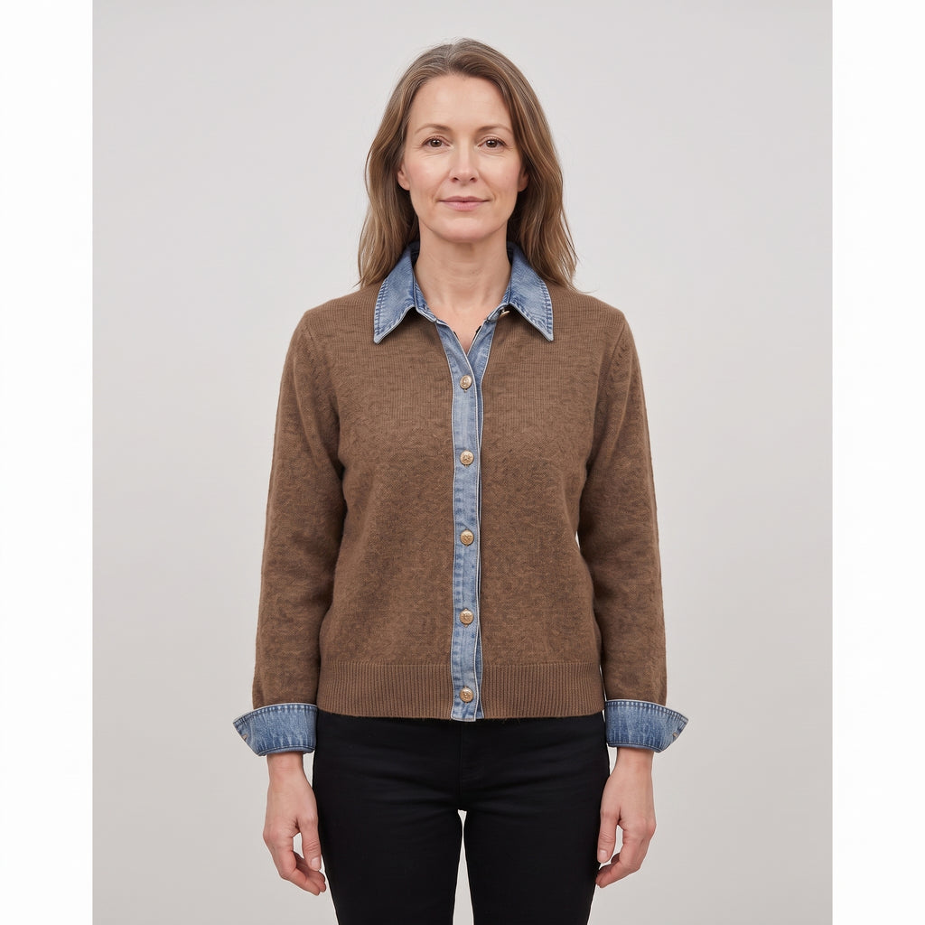 Women's Cardigan Button Up Front Long-Sleeve With Collar - Brown