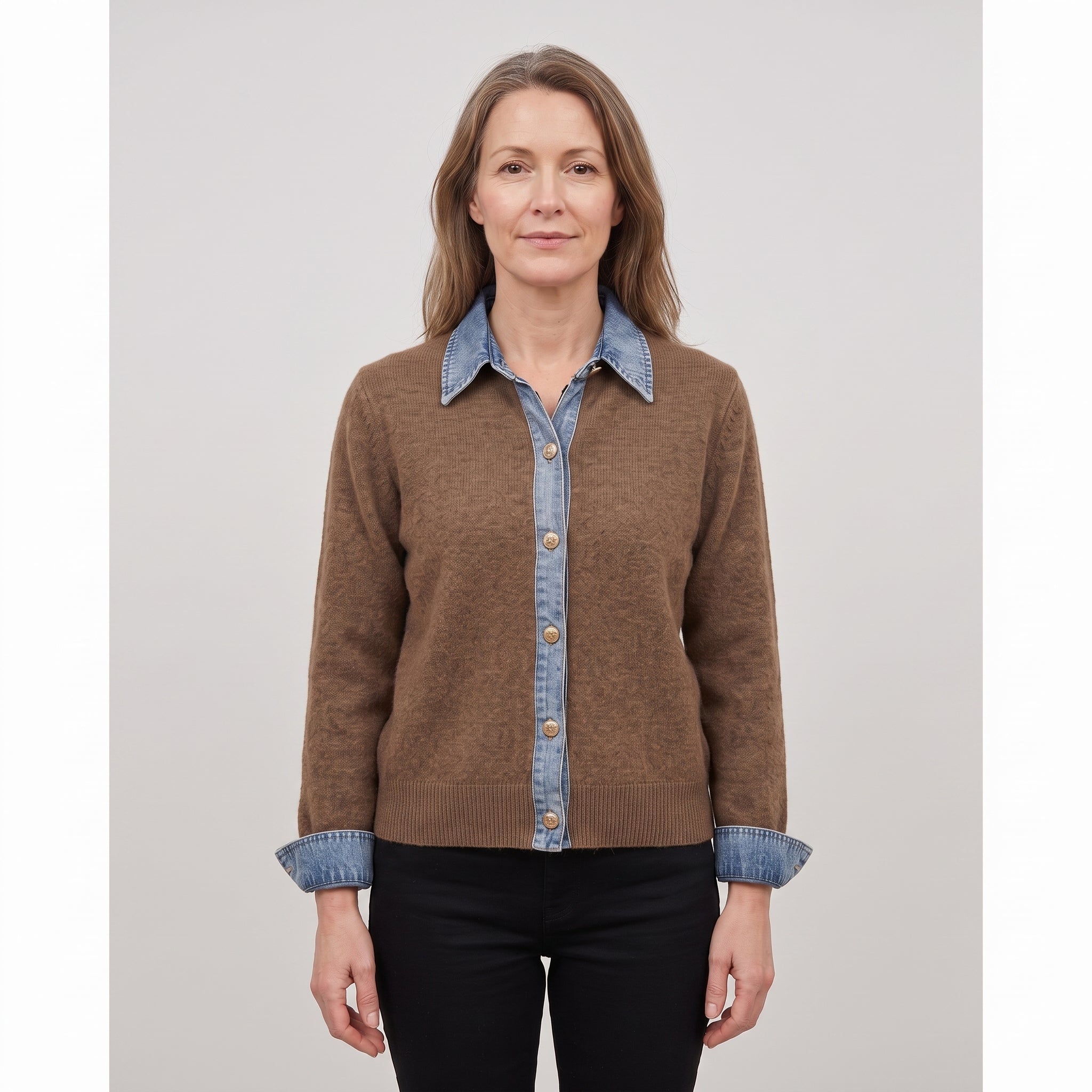 Women's Cardigan Button Up Front Long-Sleeve With Collar - Brown