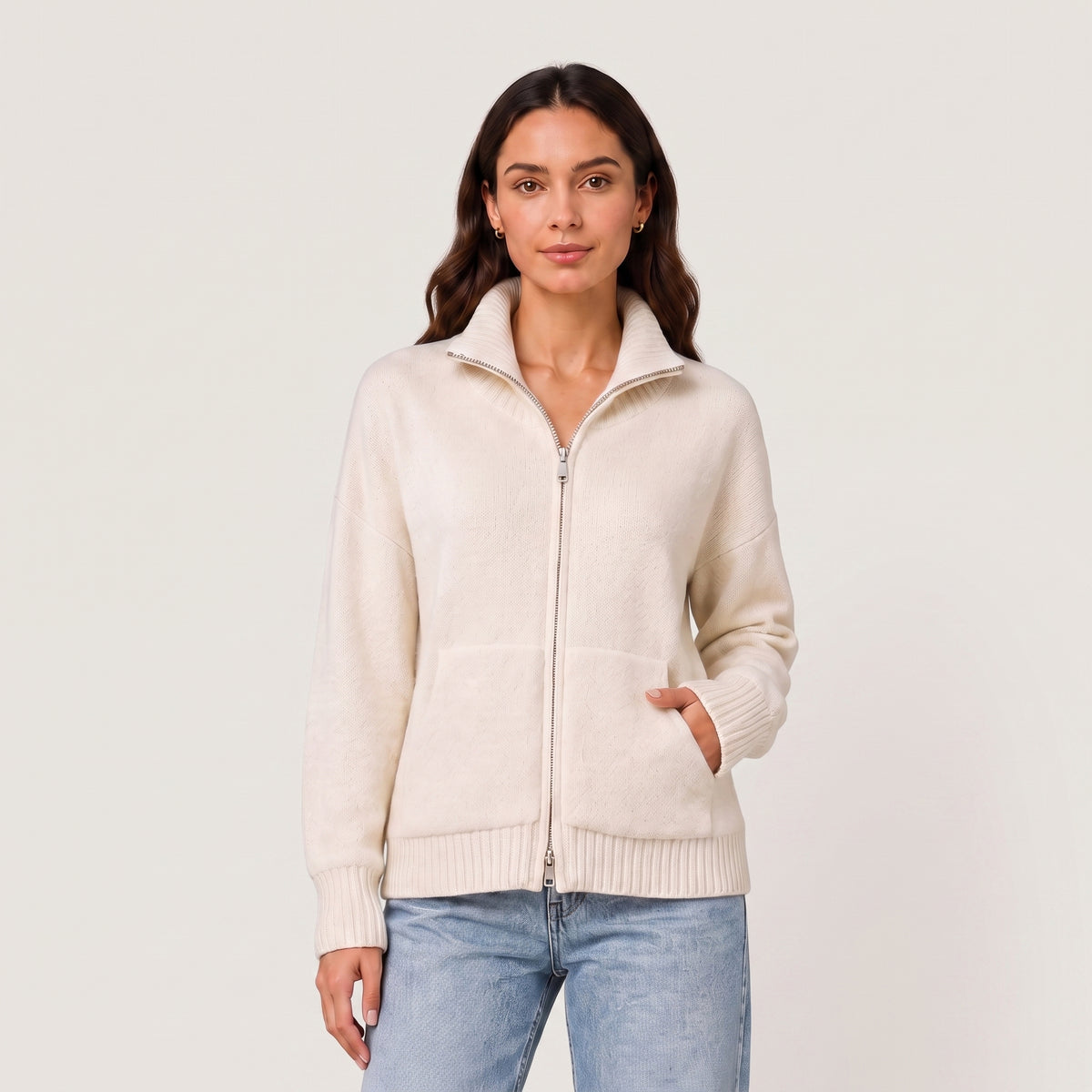 Women's Zip Cardigan Knitted With Funnel Neck Full-Zip Front Pockets - Burgundy