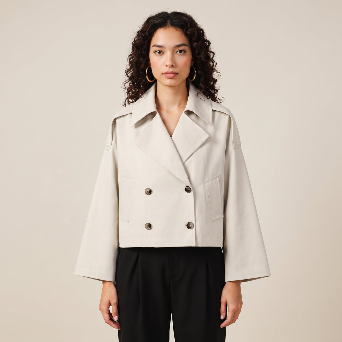 Trench Coat Short Double Breasted Light Beige - Cream