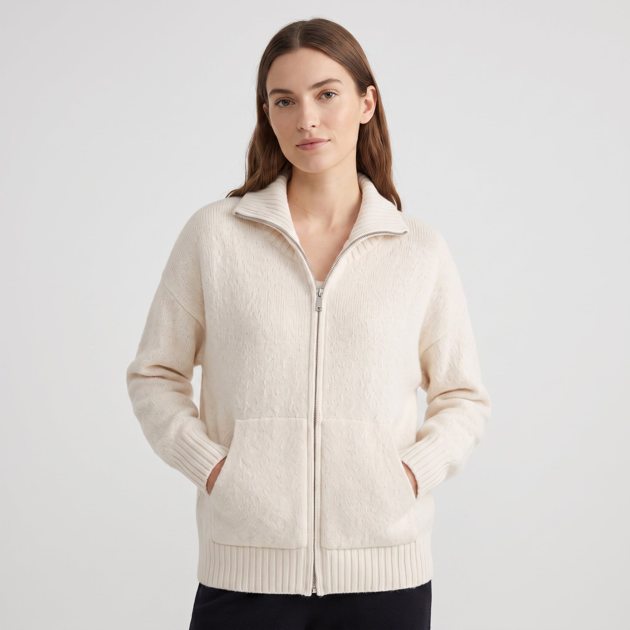 Women's Zip Cardigan Knitted With Funnel Neck Full-Zip Front Pockets - Cream
