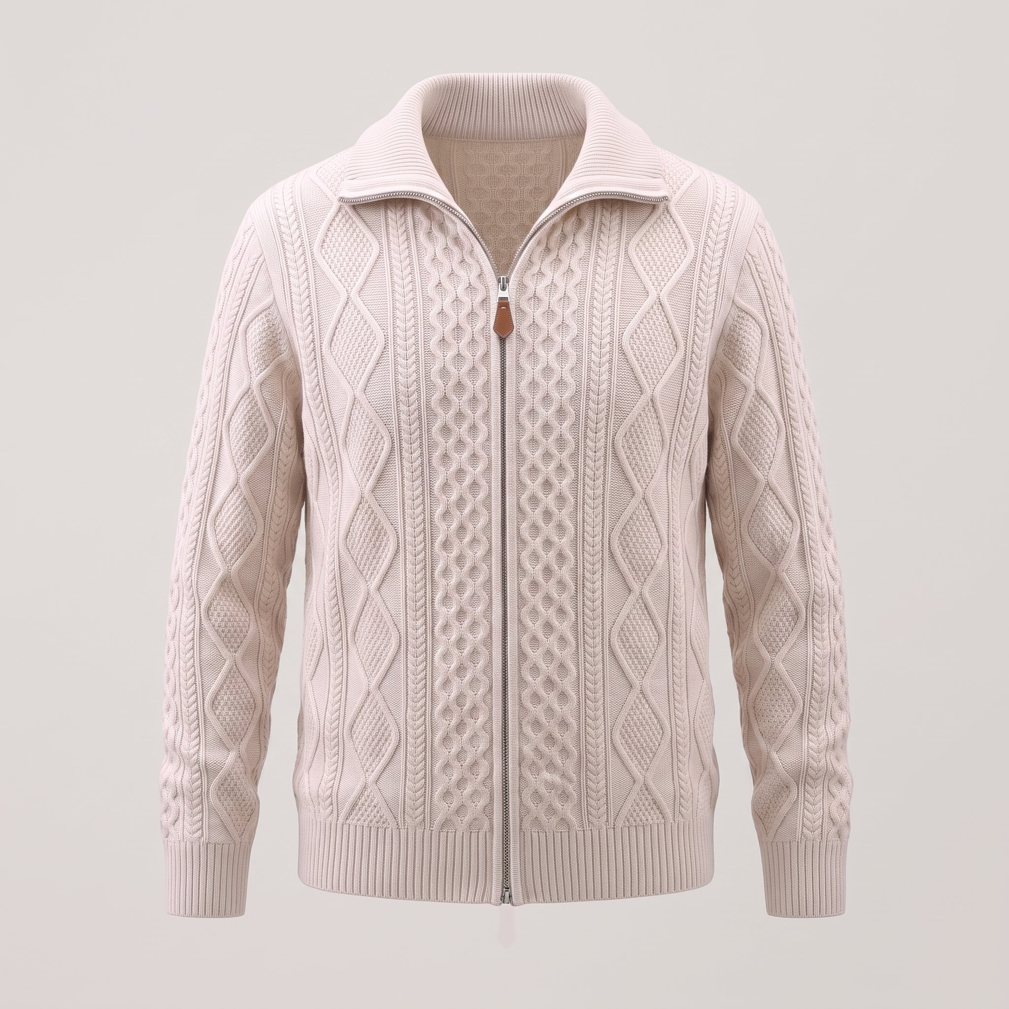 Men's Knit Cardigan Cable Full-Zip With Stand Collar Zip - Cream