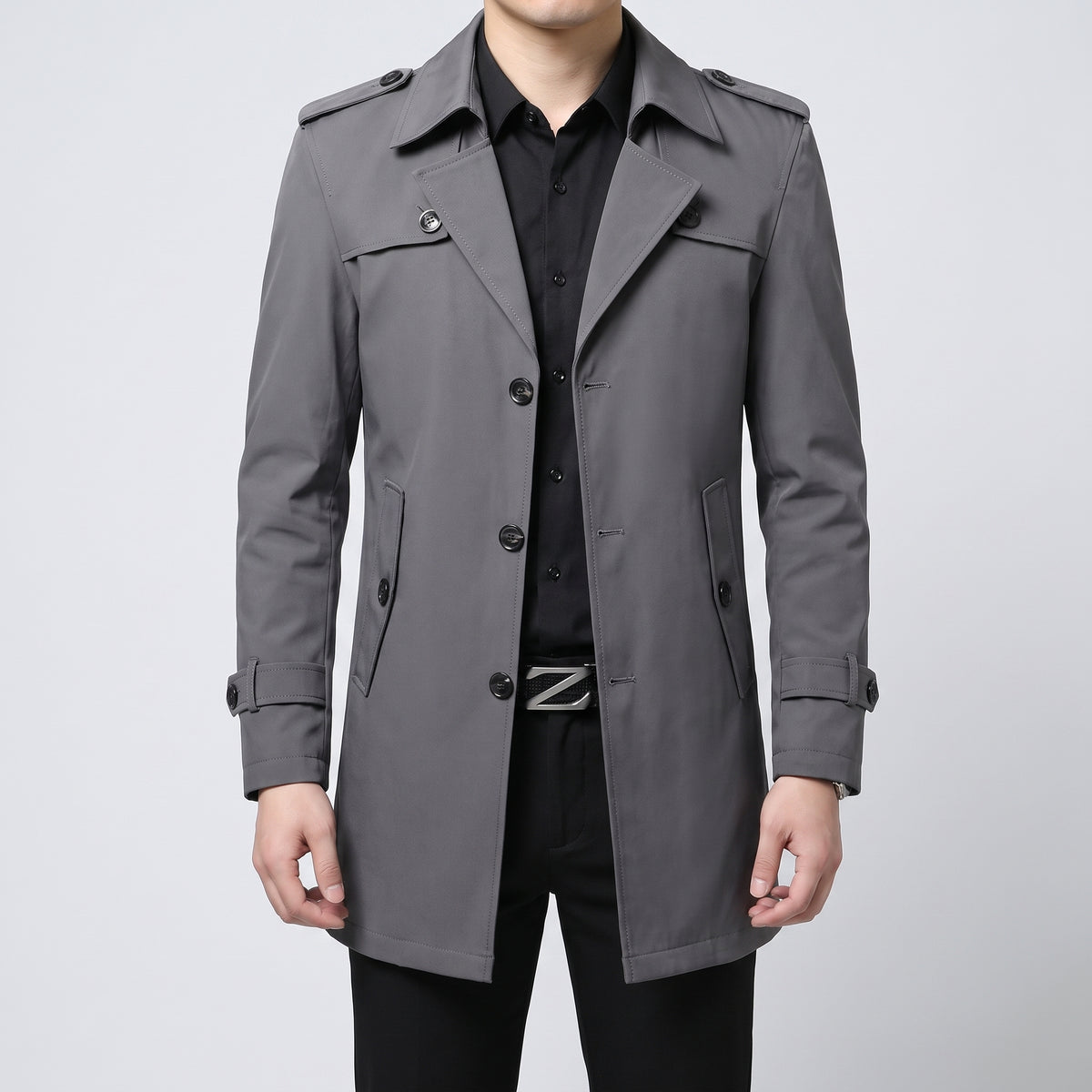 Trench Coat Men Single-Breasted Mid-Thigh Length - Dark Grey