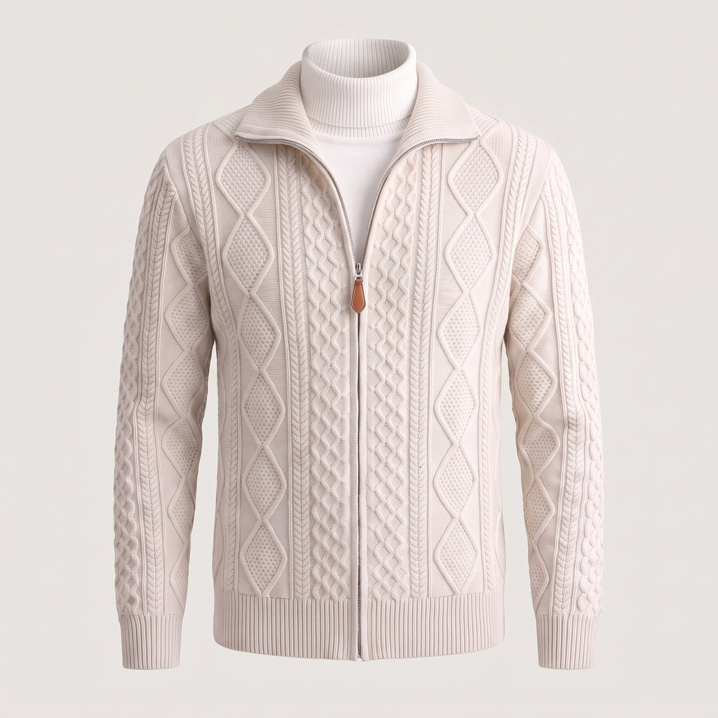 Men's Knit Cardigan Cable Full-Zip With Stand Collar Zip - Gray