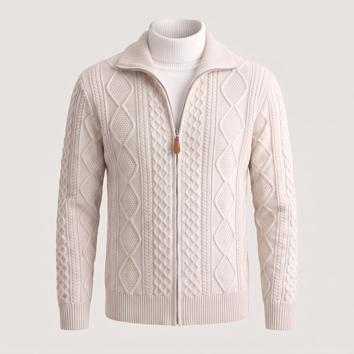 Men's Knit Cardigan Cable Full-Zip With Stand Collar Zip - Gray
