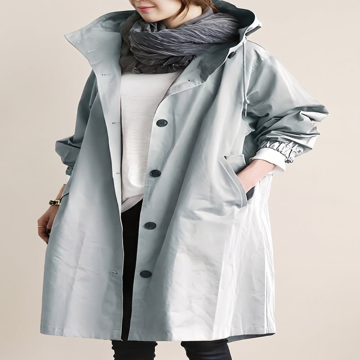 Women's Hooded Trench Coat Single-Breasted Knee-Length Pockets - Gray