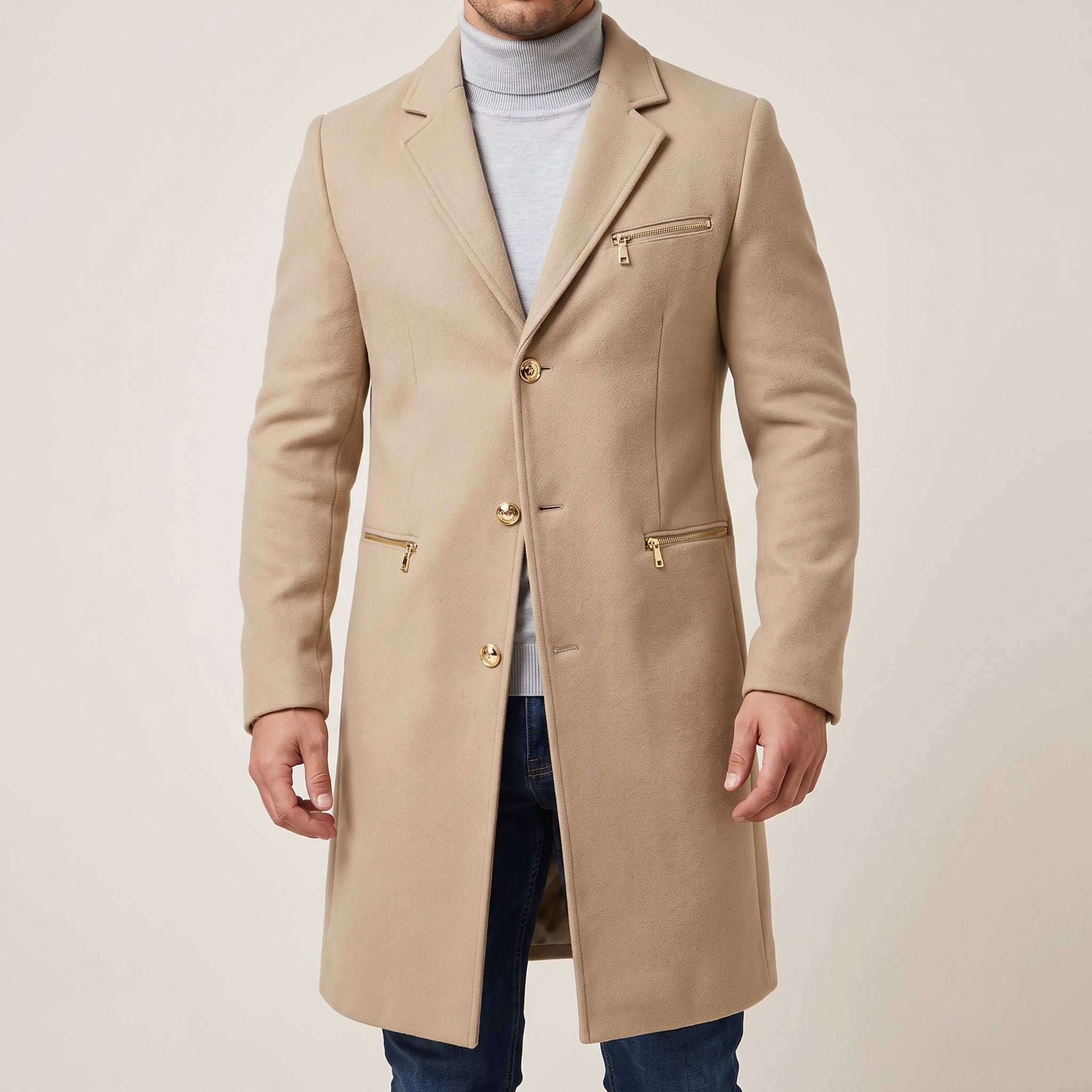 Trench Coat Men Long Single-Breasted Three Buttons - Gray