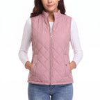 Women's Quilted Vest Zip Up With Stand Collar And Pockets - Grey