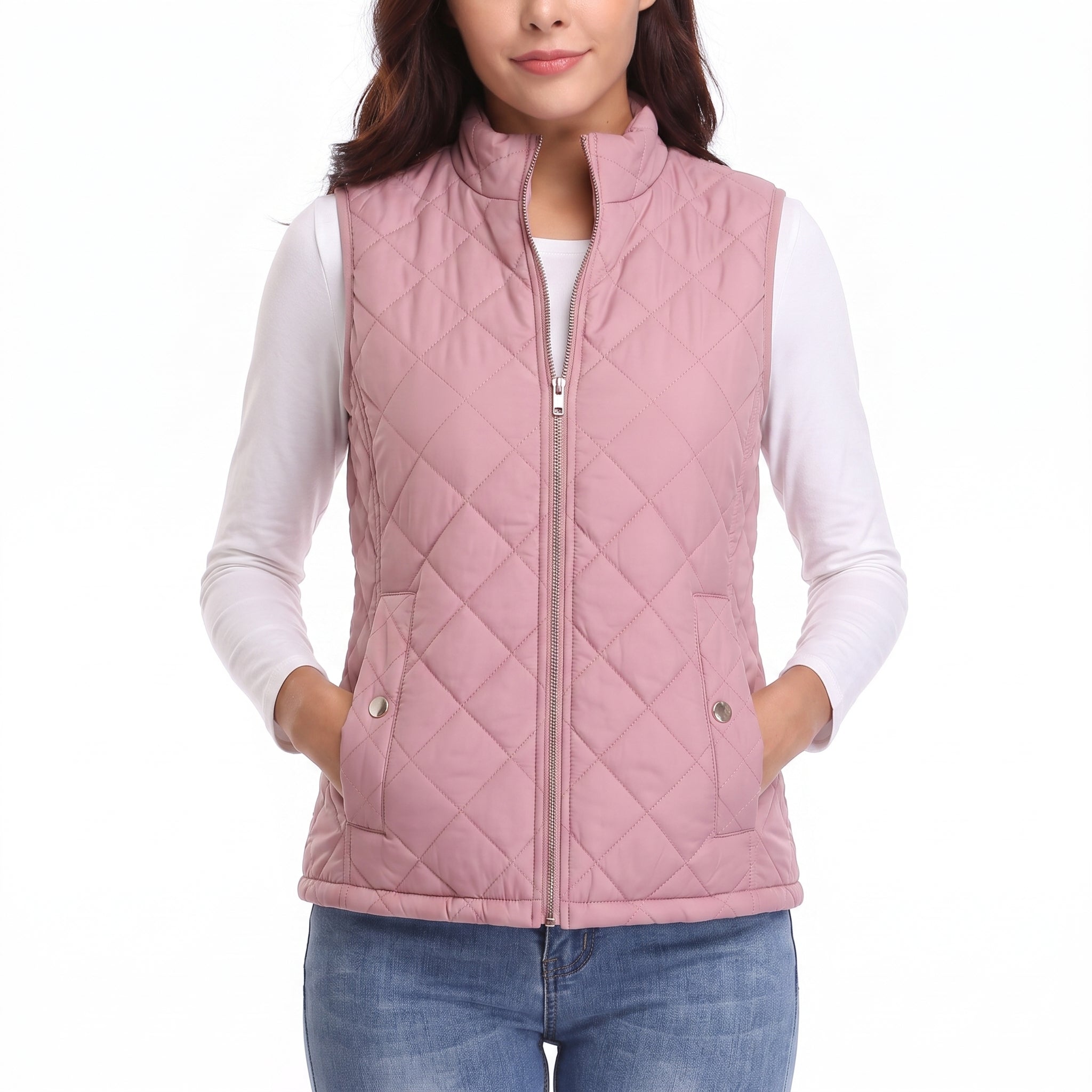 Women's Quilted Vest Zip Up With Stand Collar And Pockets - Grey