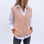Knitted Vest Sweater V-Neck Sleeveless Pullover Solid Color - Grey