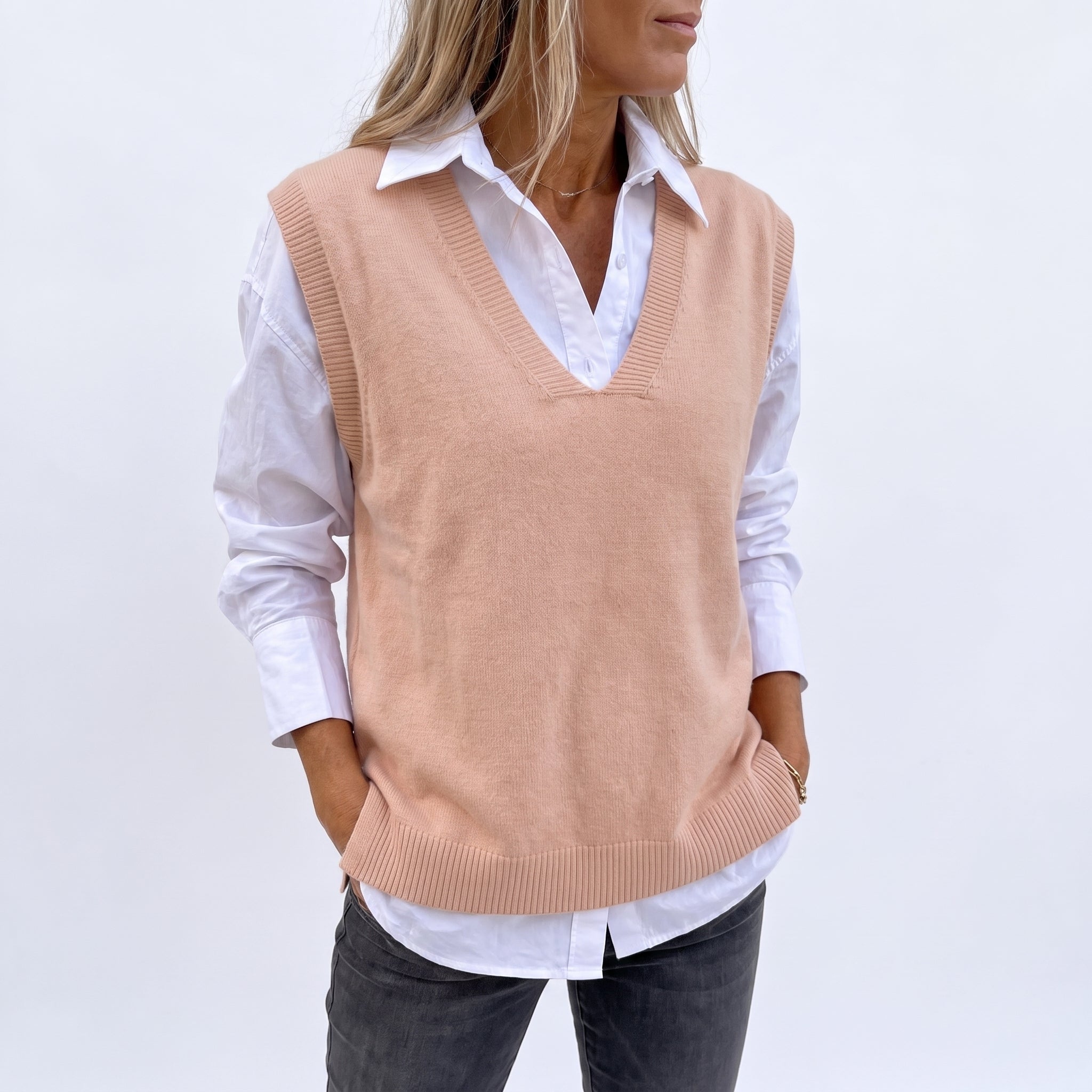 Knitted Vest Sweater V-Neck Sleeveless Pullover Solid Color - Grey