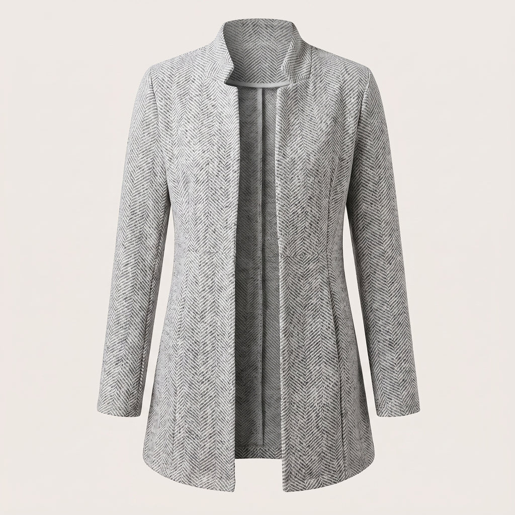 Women's Herringbone Blazer with Flattering Longline Fit and Notch Lapel - Grey