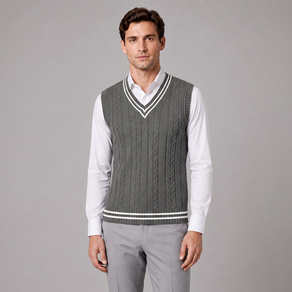 Sweater Vest Cable Knit V-Neck Sleeveless Classic Pullover Design - Grey