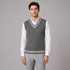 Sweater Vest Cable Knit V-Neck Sleeveless Classic Pullover Design - Grey