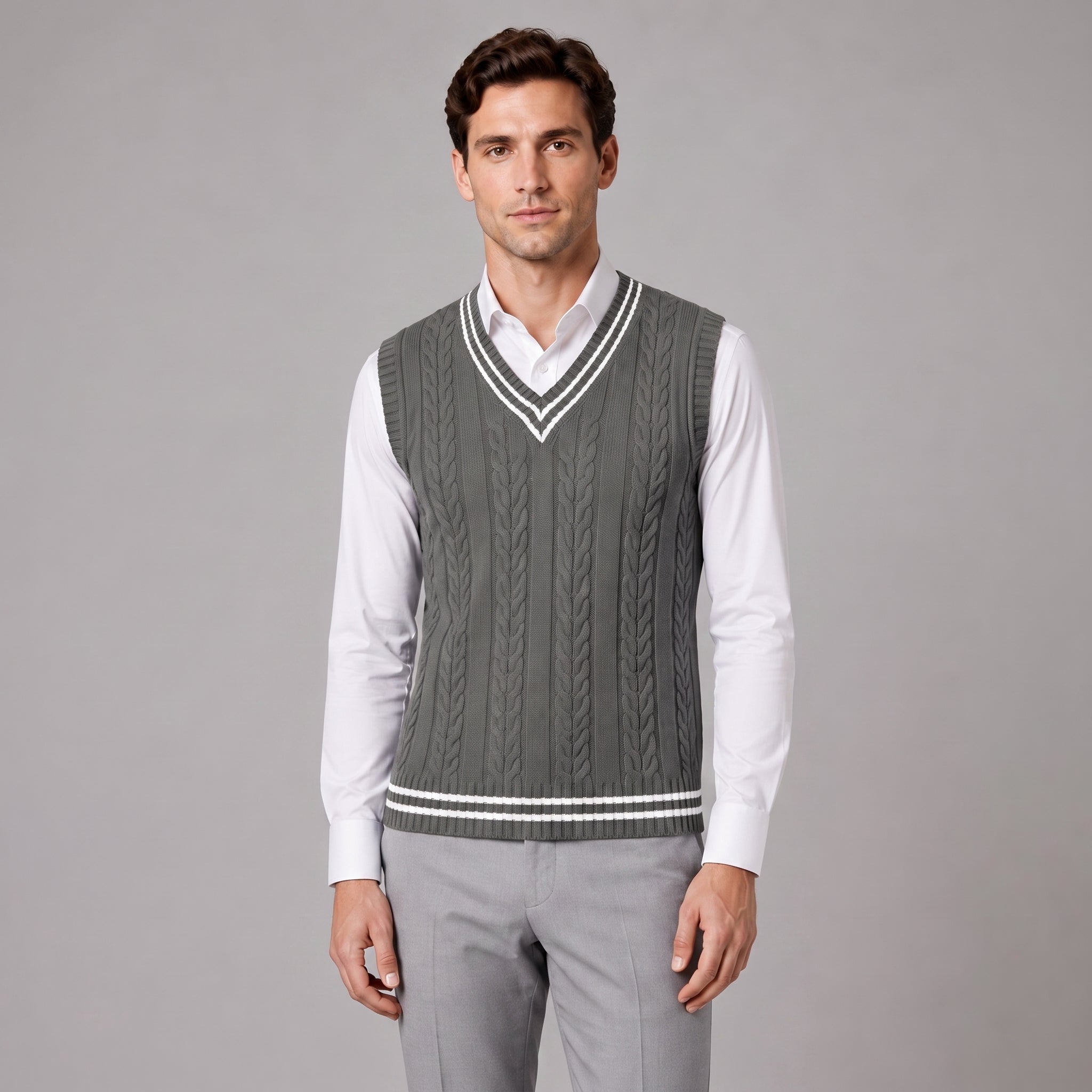 Sweater Vest Cable Knit V-Neck Sleeveless Classic Pullover Design - Grey