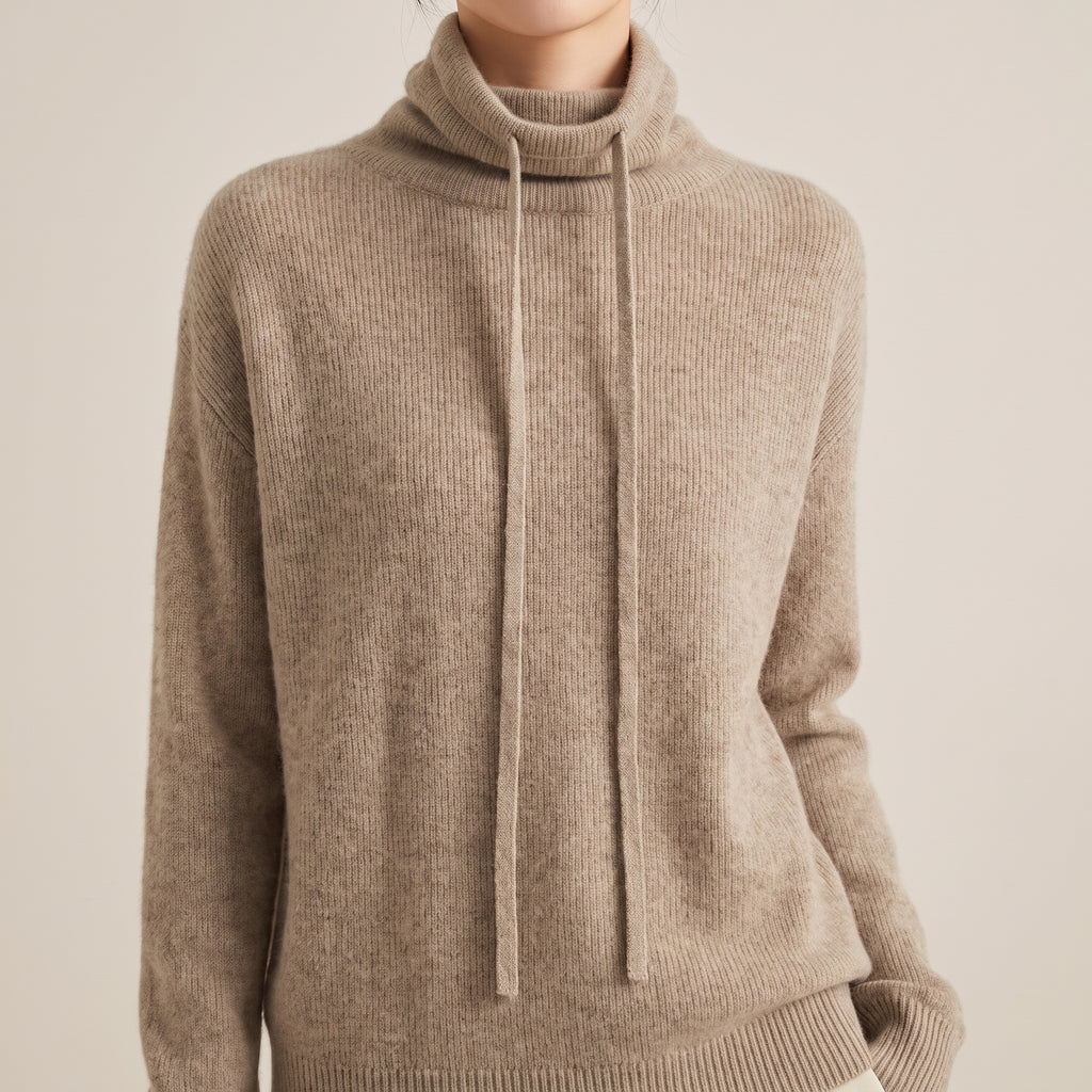 Women's Slouchy Sweater with Relaxed Knit Pullover and Drawstring Neckline - Khaki