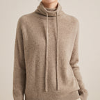 Women's Slouchy Sweater with Relaxed Knit Pullover and Drawstring Neckline - Khaki
