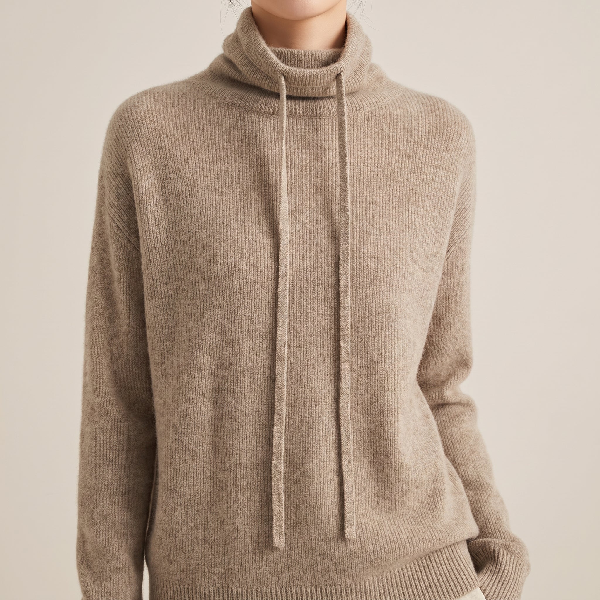 Women's Slouchy Sweater with Relaxed Knit Pullover and Drawstring Neckline - Khaki