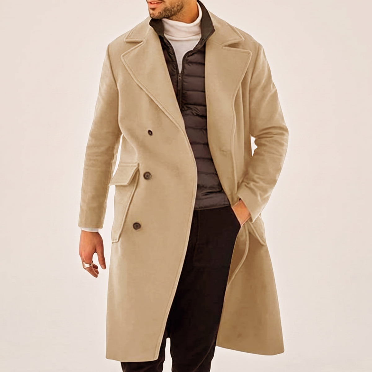 Men's Long Coat With Notched Lapels And Two Buttons - Khaki