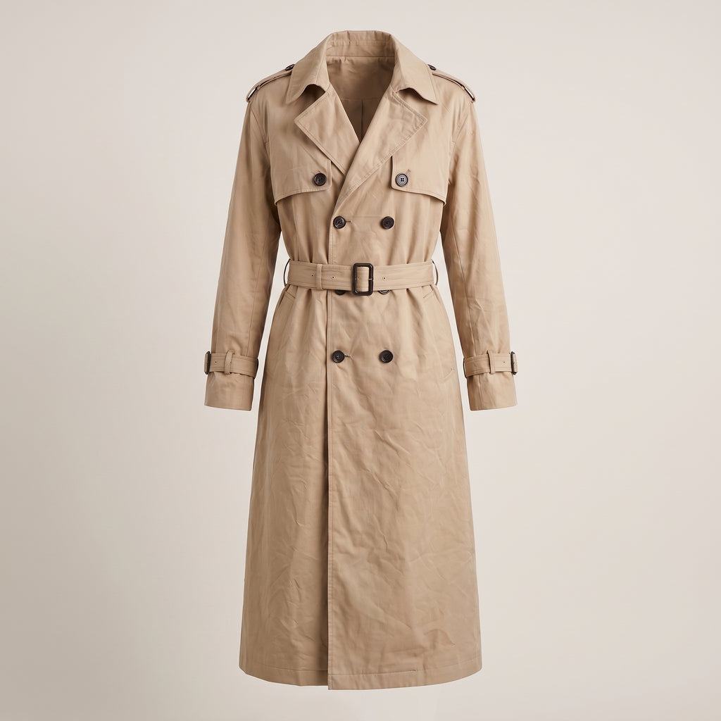 Women's Trench Coat with Supportive Longline and Double-Breasted Front - Khaki