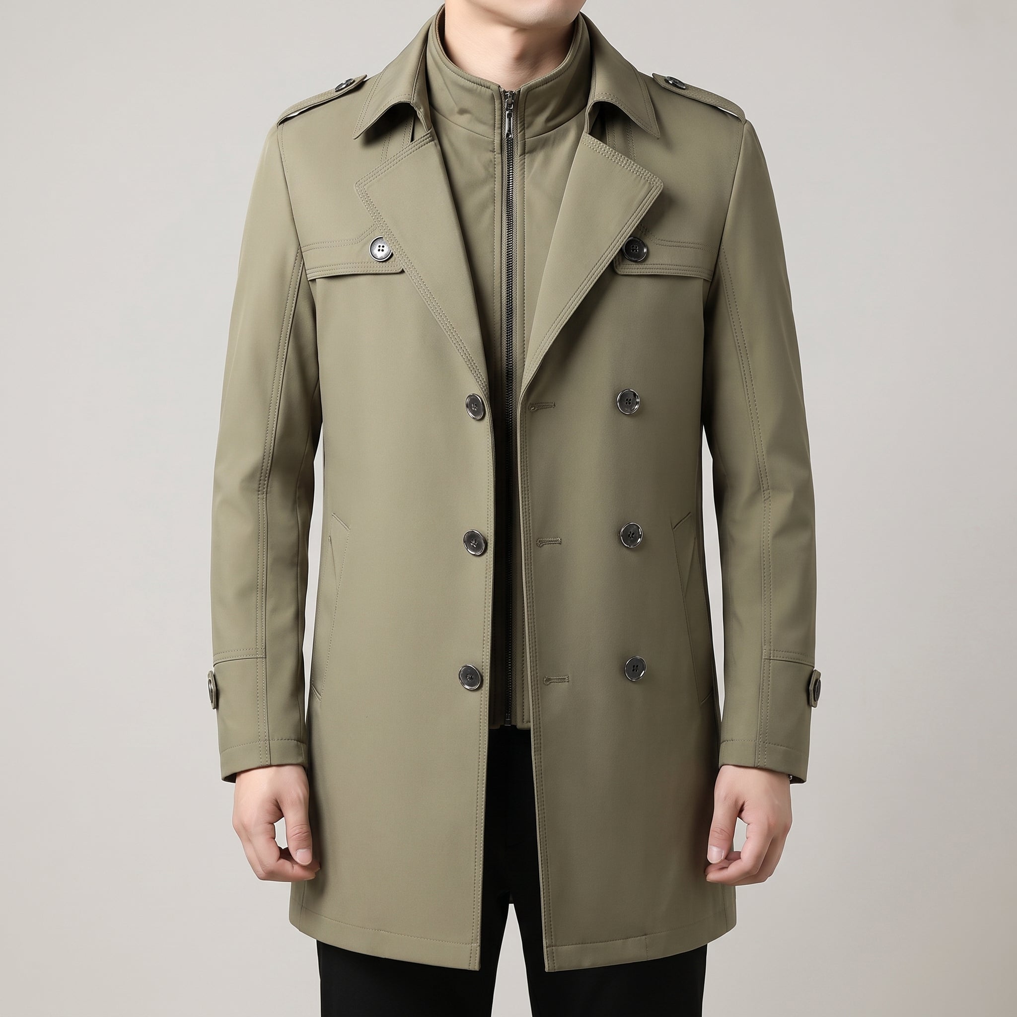 Trench Coat Men Long With Epaulets - Khaki