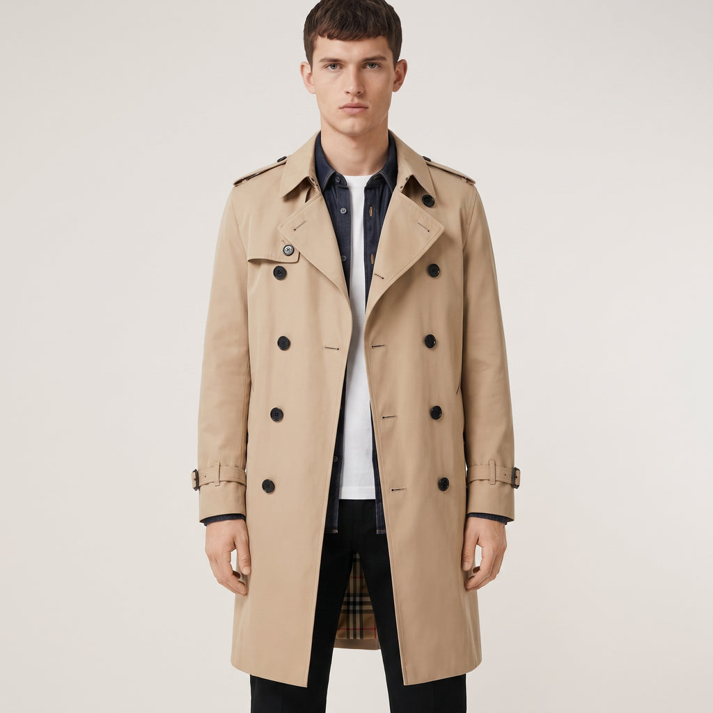 Trench Coat Men Long Double-Breasted - Khaki