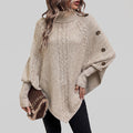 Cable Knit Poncho Sweater with Relaxed Oversized and Button-Accented Turtleneck - Khaki