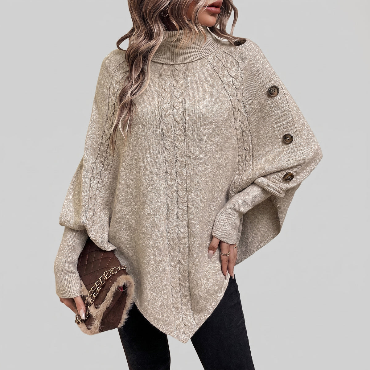 Cable Knit Poncho Sweater with Relaxed Oversized and Button-Accented Turtleneck - Khaki