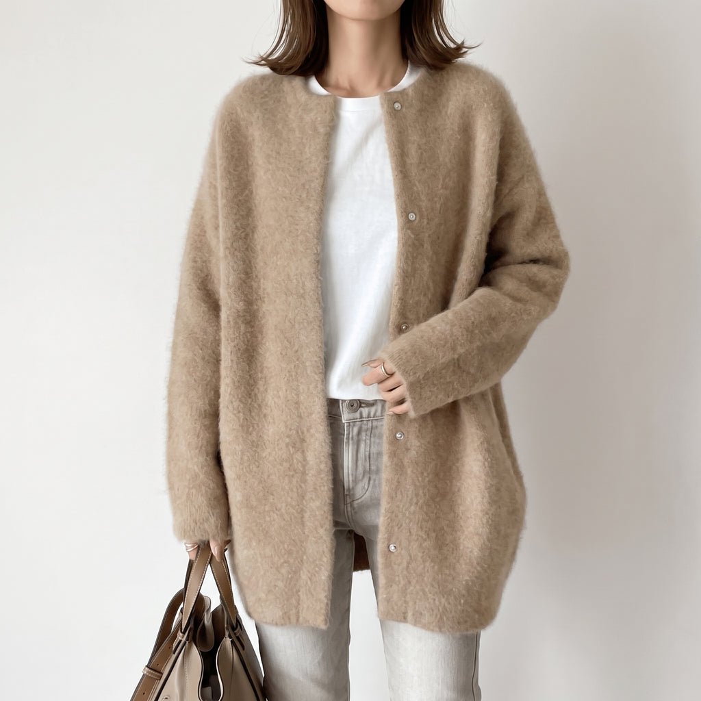 Women's Knit Cardigan Collarless Button-Front Long-Sleeve Button Down - Khaki