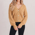 Women's Cardigan Chunky Knit V Neck Button Front Balloon Sleeves - Khaki