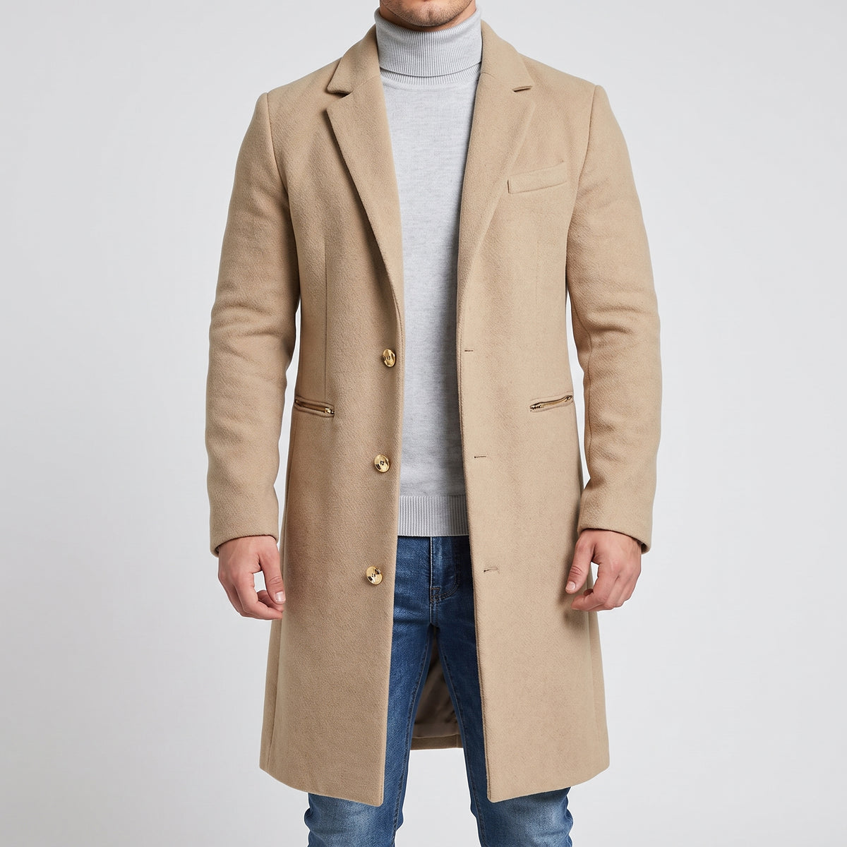 Trench Coat Men Long Single-Breasted Three Buttons - Khaki