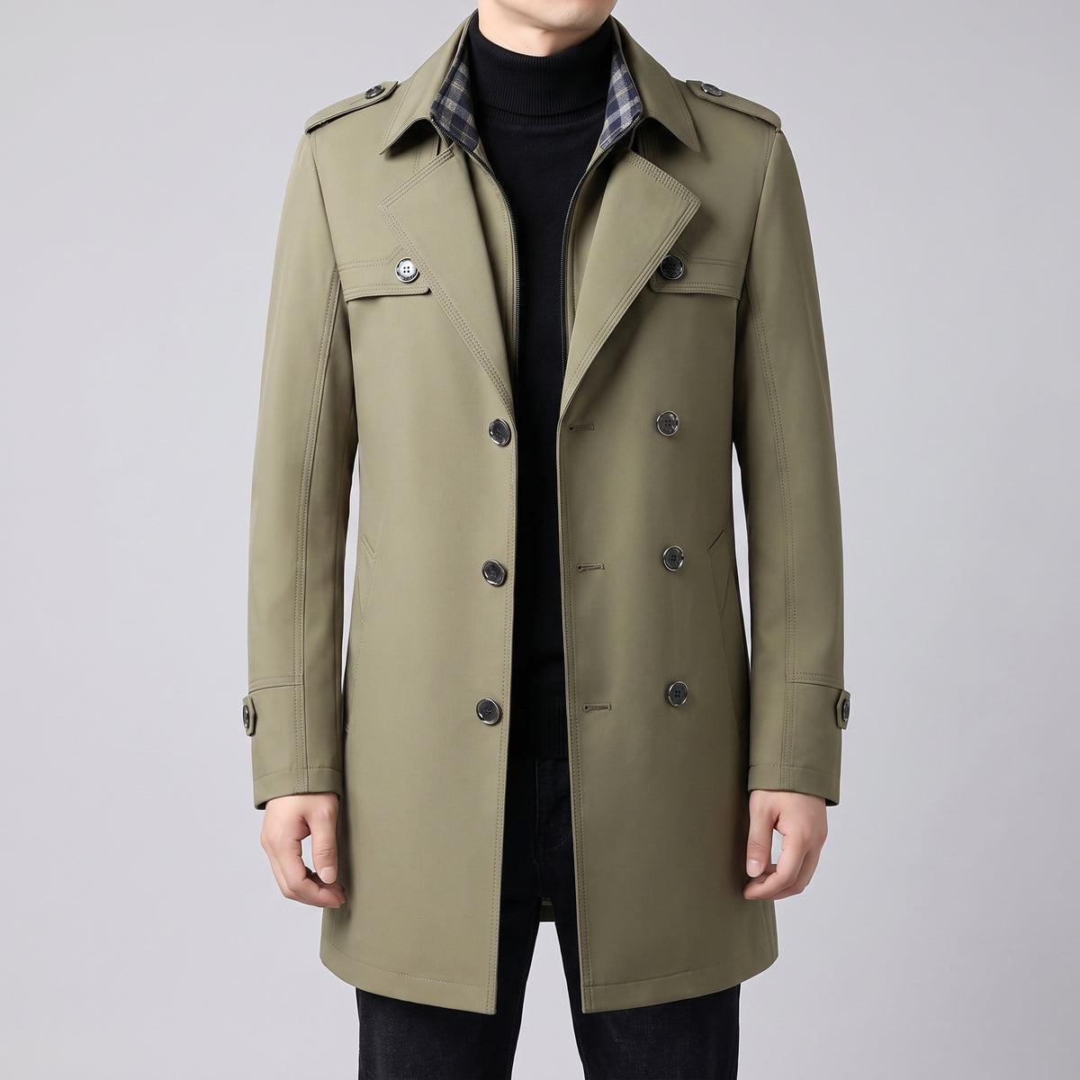 Trench Coat Men Double-Breasted Notched Lapel - Khaki